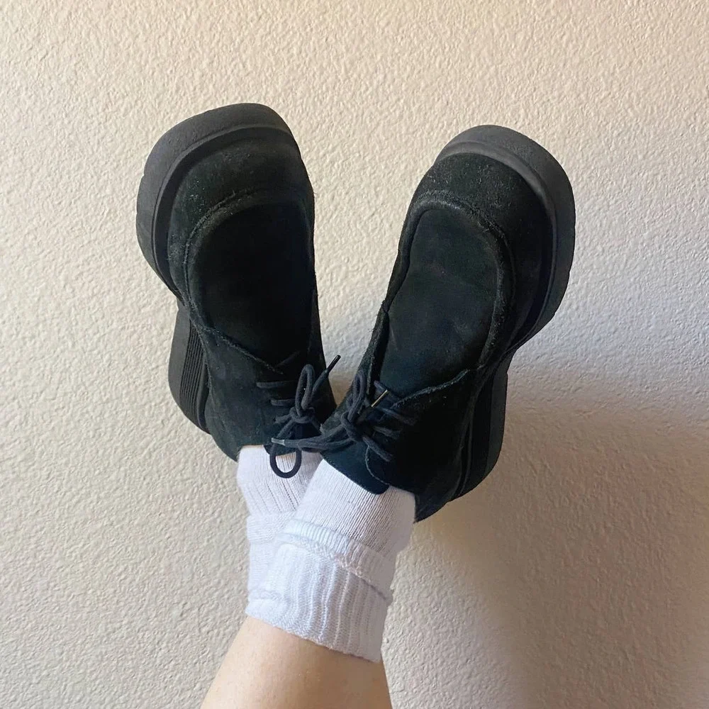 Vintage 1990s Black Suede Leather Round Toe Chunky Platform Chukka Shoe - Picture 1 of 9